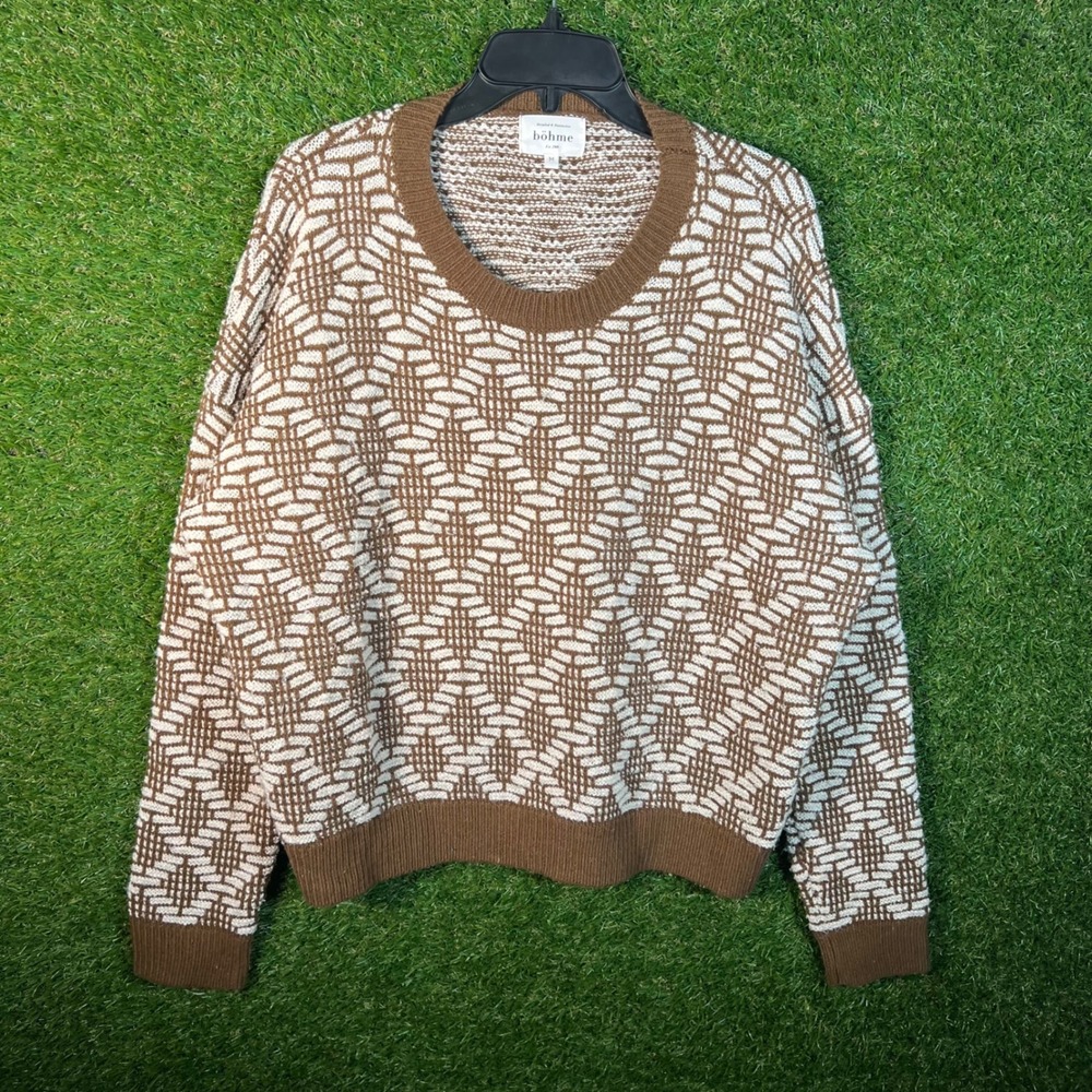 Bohme‎ Brown Cream Geometric Knit Sweater Crewneck Relaxed Fit Medium